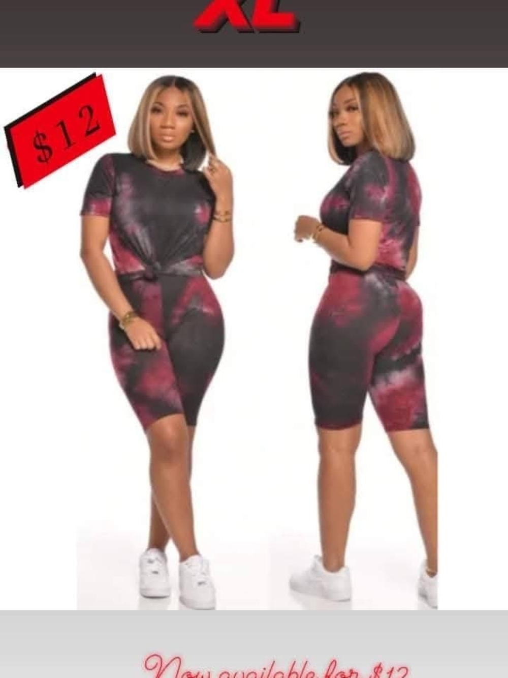 Tie-Dye Two-Piece Shorts Set in Black & Burgundy